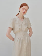 V-Neck Button-Down Linen Midi Dress with Fitted Waist and Short Sleeves